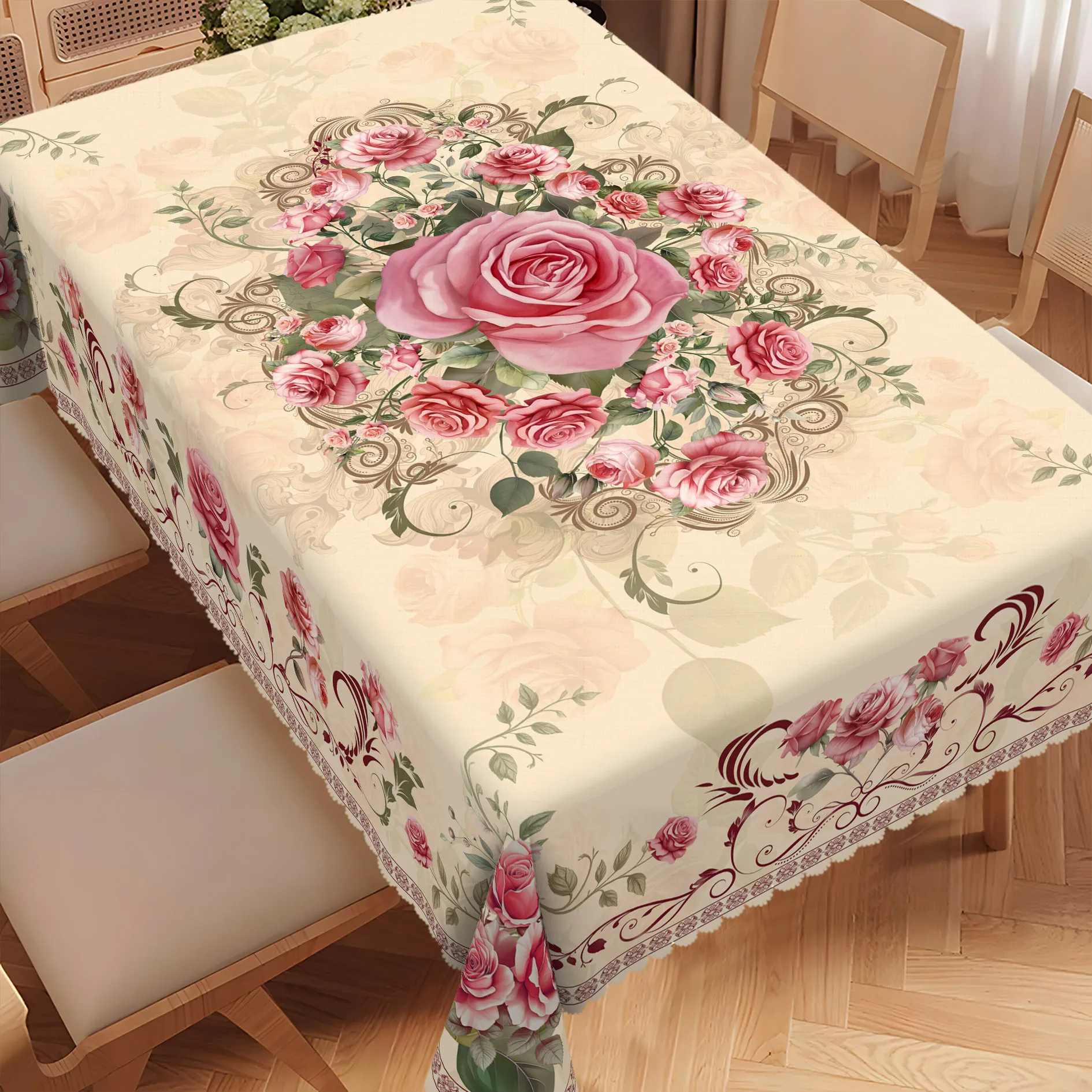 Spring Pink Rose Rectangle Tablecloth Holiday Party Decor Summer Watercolor Floral Leaves Dining Table Cloth Wedding Decorations