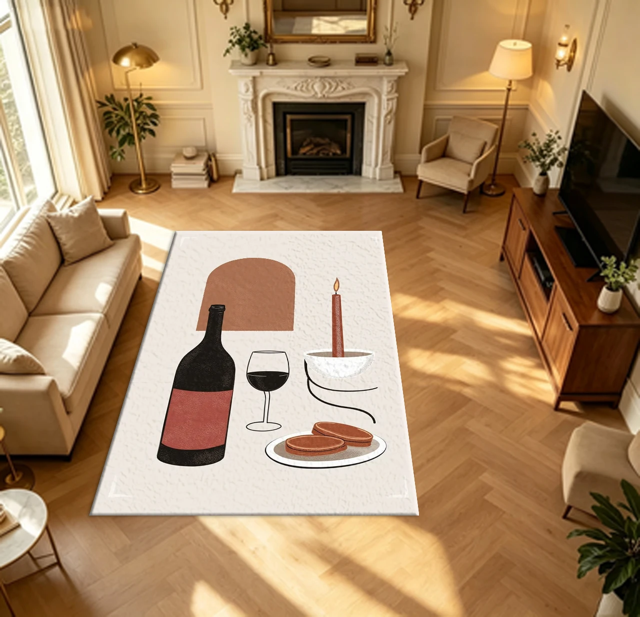 Boho Minimalist Wine Bottle Wine Glass Candle Dessert Illustration Carpet Flooring Neutral Beige Tone Household Indoor Decor Area Rug