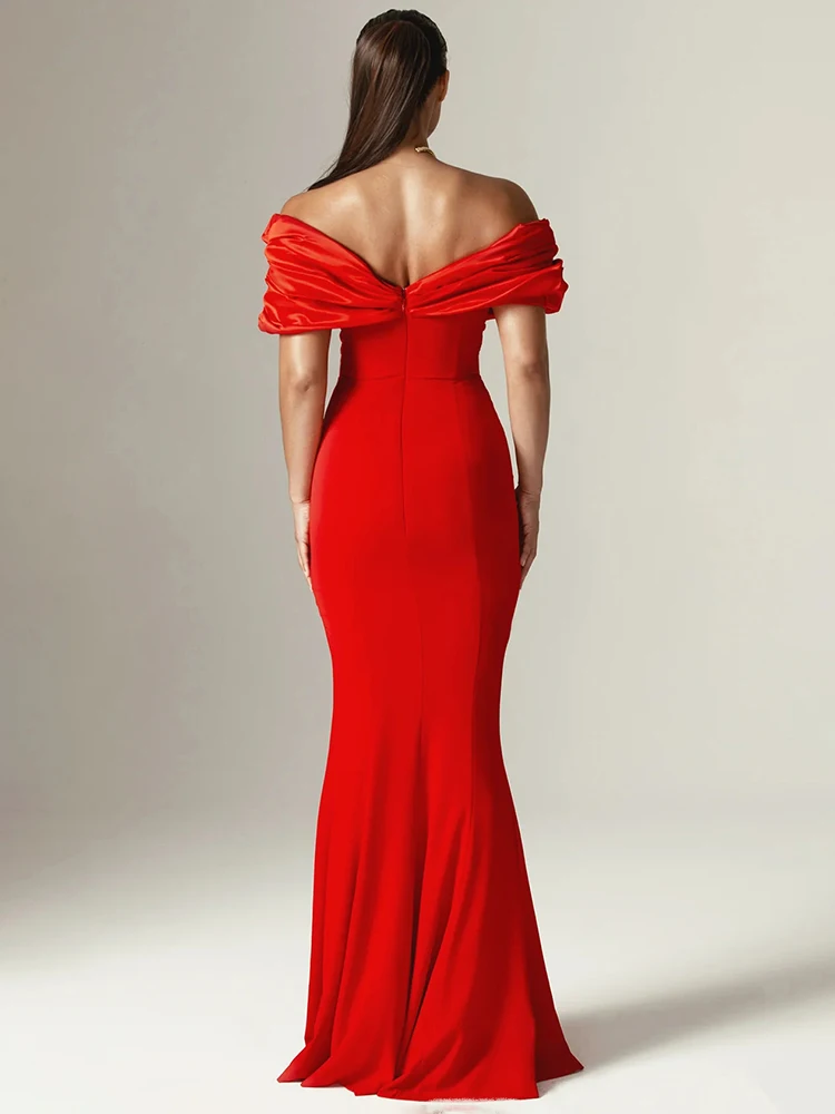 Czerwona satynowa długa sukienka z falbankami wysoki rozcięcie Bodycon bal kochanie Off The Shoulder plisowana suknia wieczorowa Vestidos
