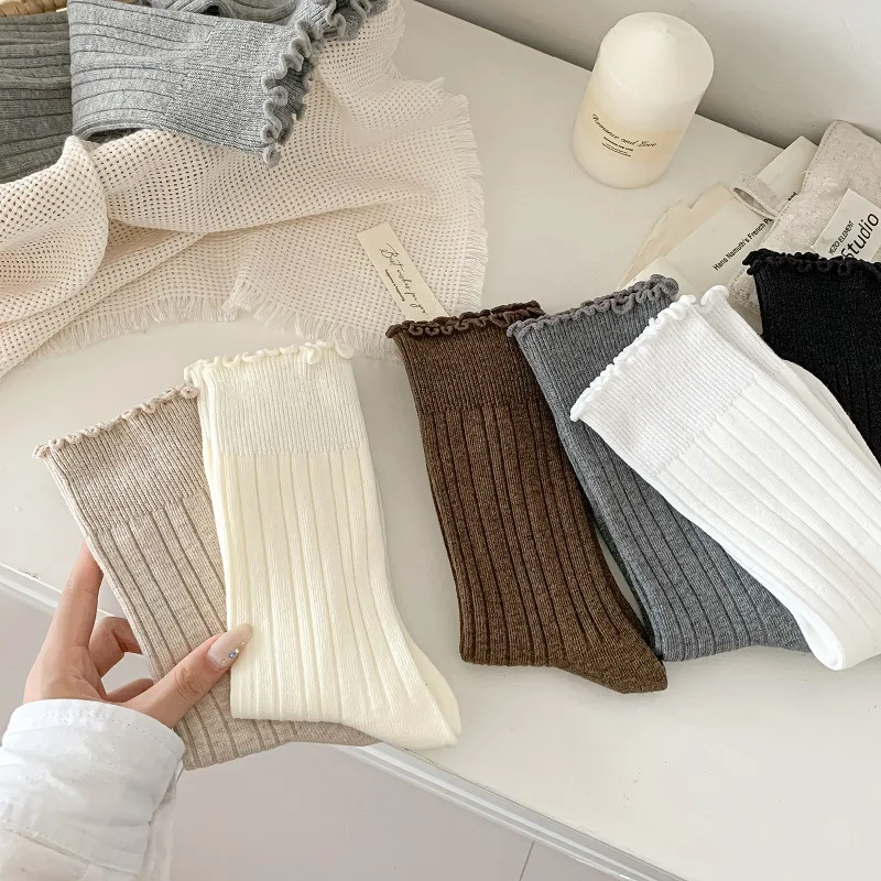 7 paires de chaussettes blanches mi-mollet pour femmes, en coton, Coquette, chaudes, à volants, de haute qualité, printemps, automne et automne et hiver