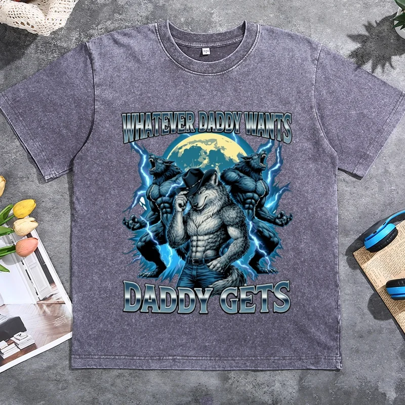 Retro Muscular Cowboy Werewolf Whatever Daddy Wants T-shirt Vintage Washed Cotton Short Sleeve T Shirt Y2k Round Neck Tops