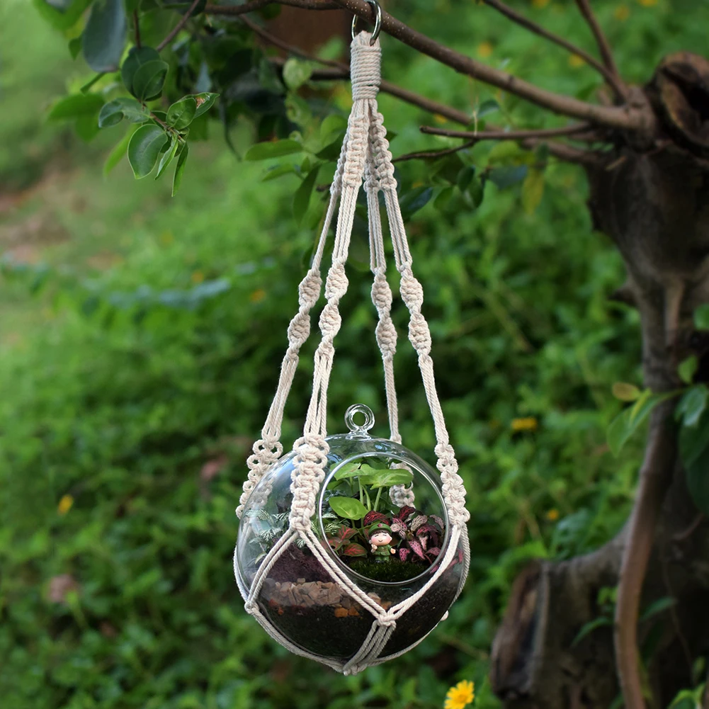 Hanging Plant Iron Ring Hanger Handmade Macrame Cotton 51/76cm Basket Flower Pot Planter Holder Courtyard Garden Wall Decor