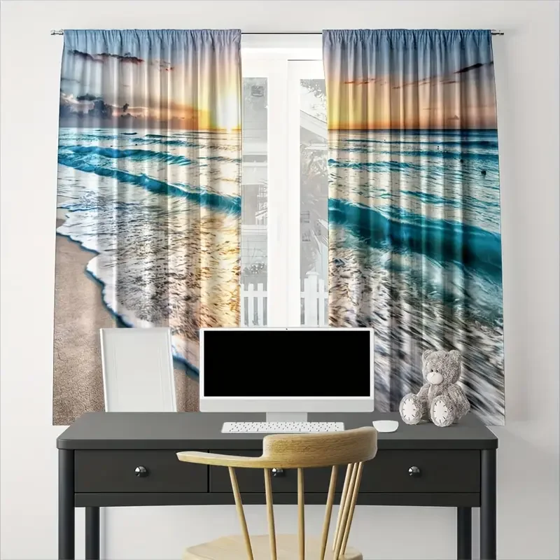 2pcs Stunning Beach Sunset Printed Curtains, Designed for Light Filtering, Quality Material, Ideal for Coastal-Themed Home Windo