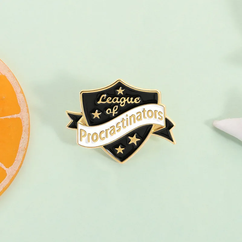Lapel Pin Cartoon quote brooch procrastinator alliance shield fun brooch black gold badge funny slogan brooch Jewelry Brooches
