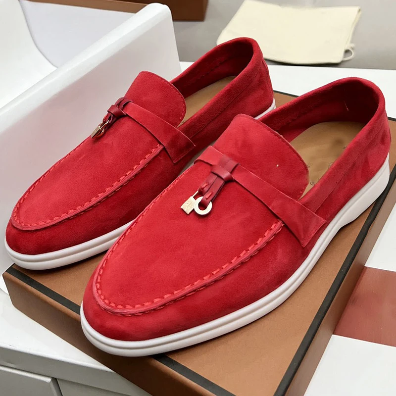 

Summer Daily Casual Red Snug Flat Bottom Loafers Neutral Round toy Metal Ornament Shallow Mouth England Style Vintage Shoes