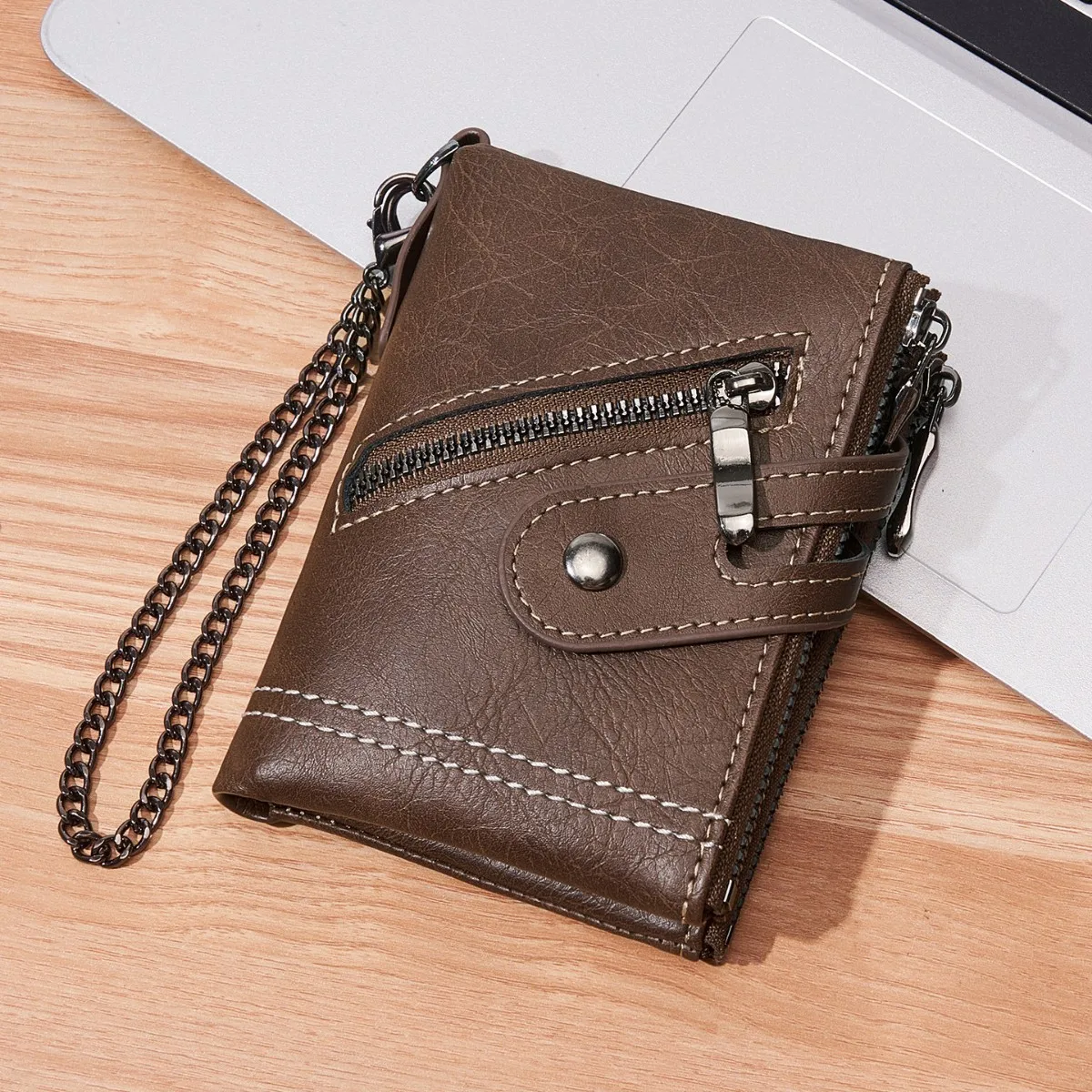 

Anti-Theft Chain PU Leather Bifold Wallet for Men - Multi-Zipper Purse with SIM card slot, Secure Organizer for Cards & Cash