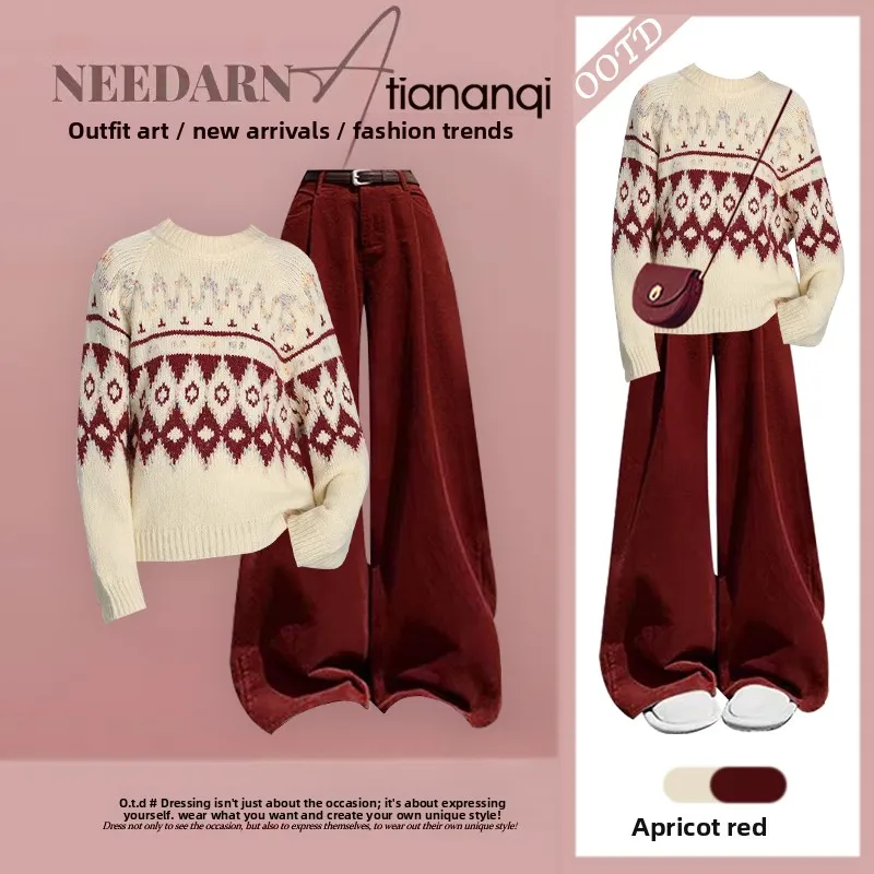 

Winter Knitted Sweater And High Waist Wide Leg Pants Two Piece Set Anti Aging Casual Sle Comfortable Loose Fit Faionable