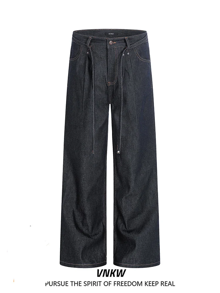 

Повседневные прямые синие джинсы унисекс, свободные широкие брюки, плиссированные джинсы А-силуэта из оригинального синего денима