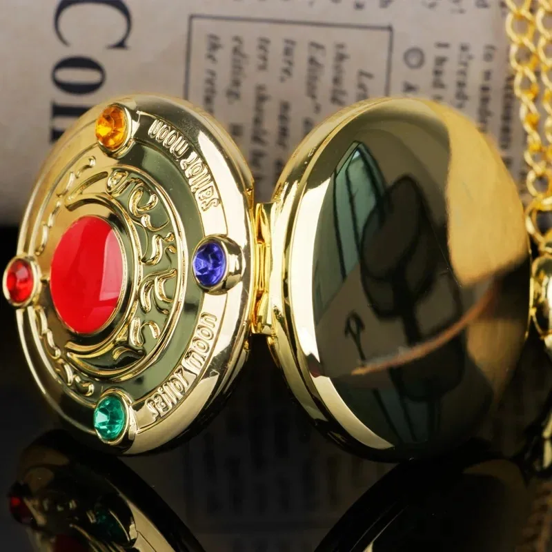 Orologio da tasca classico al quarzo con incisione lunare in oro squisito, quadrante anime, orologio con ciondolo, regalo per ragazze, bambini, regali di compleanno