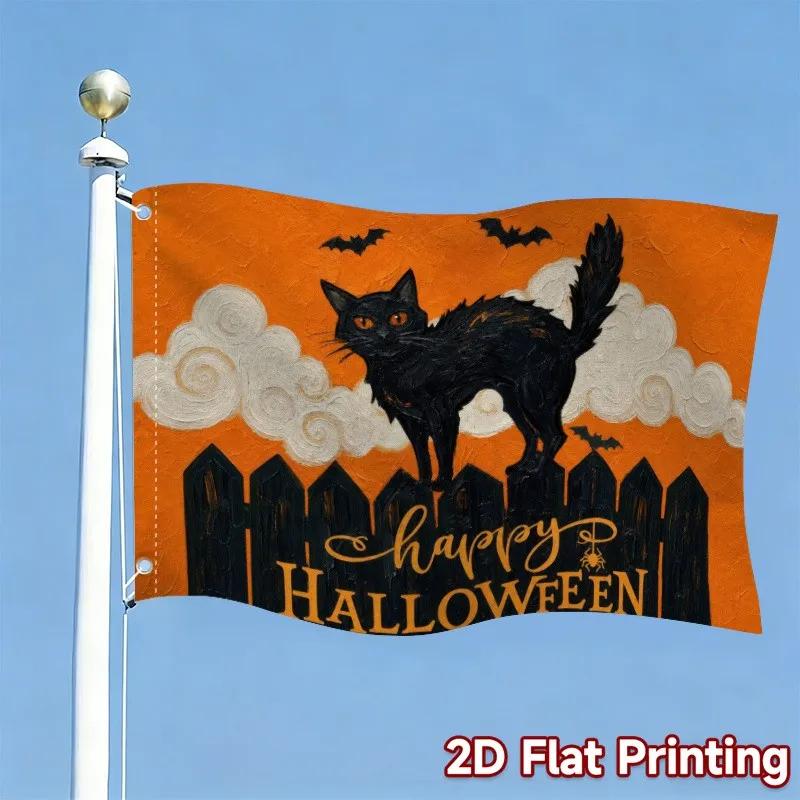 1pc Black Cat on Orange Background Printed Garden Flag Polyester Flag solely No Pole Included