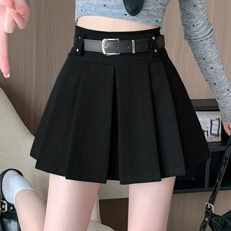 Women's Black Gray Pleated Skirts Korean Fashion High Waist A-Line Skirts Autumn Winter All-Match Shorts Mini Skirt with Belt