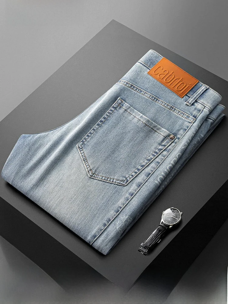 

Summer Thin Waed Blue Jeans Men's Slim Straight Fit Youth Faionable Cotton Polyester Blend Wear Resistant Long Trousers