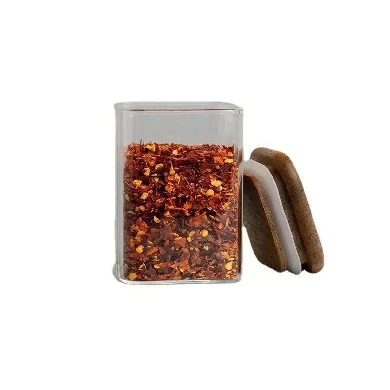 

Restaurant Wood Acacia Square Glass Sealing Bottles Jar Seasoning Cover Salt Storage Cans Kitchen 4pcs Transparent Spice