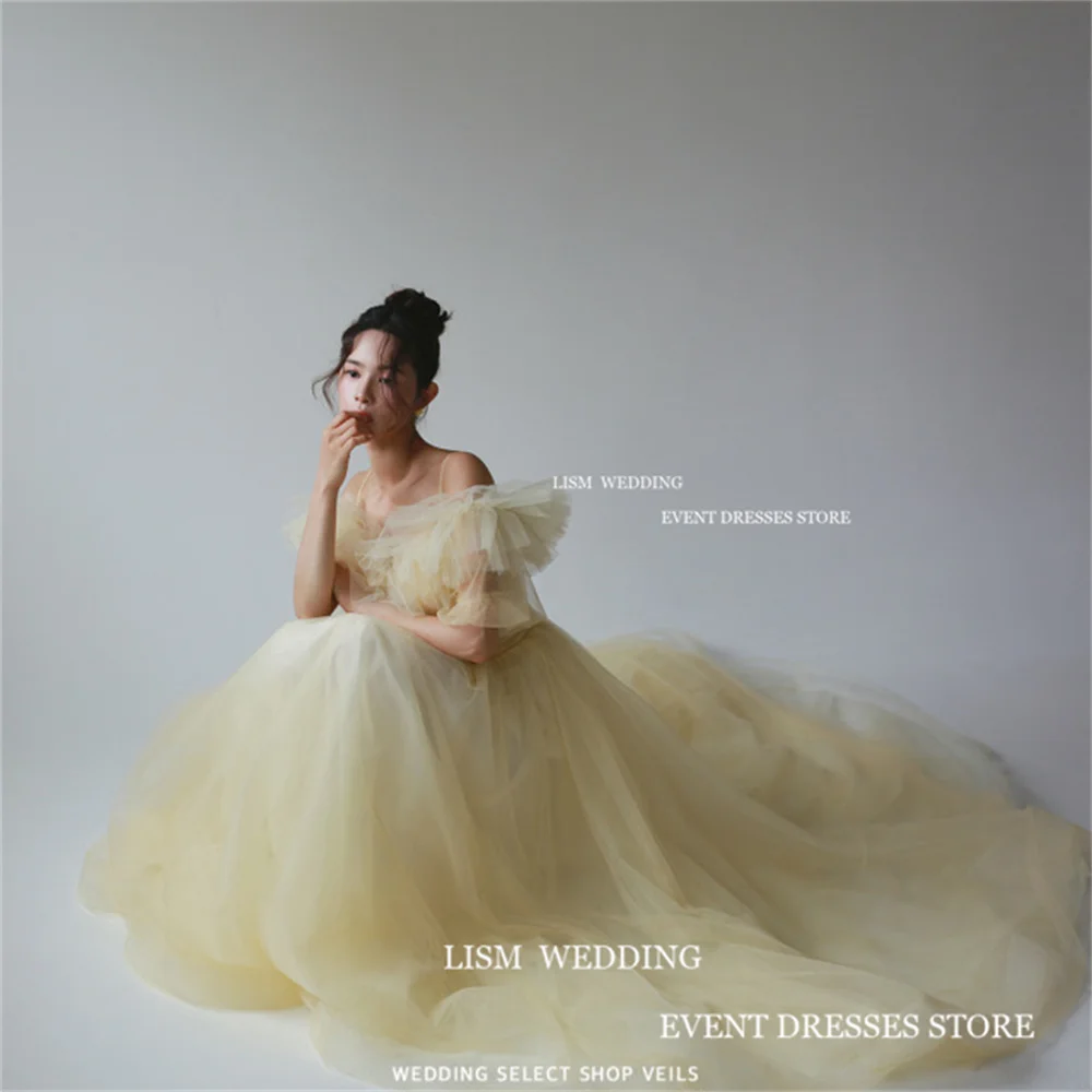 LISM Fairy Yellow Tulle Korea Prom Dresses Spaghetti Strap Photo Shoot A-Line Formal Dresses For Special Events Customised