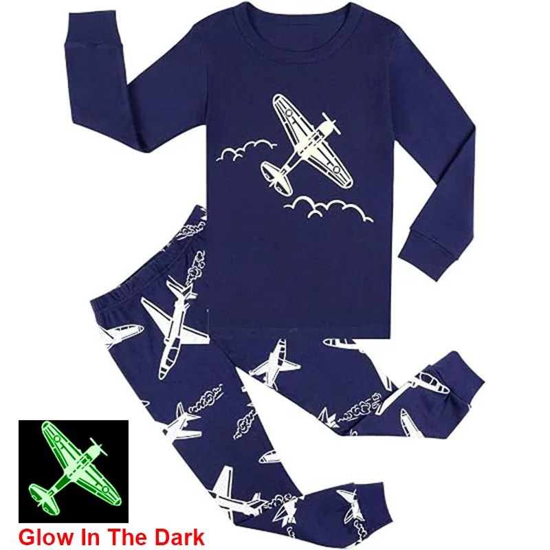 Little Hand Toddler Boys Airplane Pajamas Cool Glow In The Dark Print Long Sleeve Cotton Home Clothes Autumn Winter Pjs for Kids
