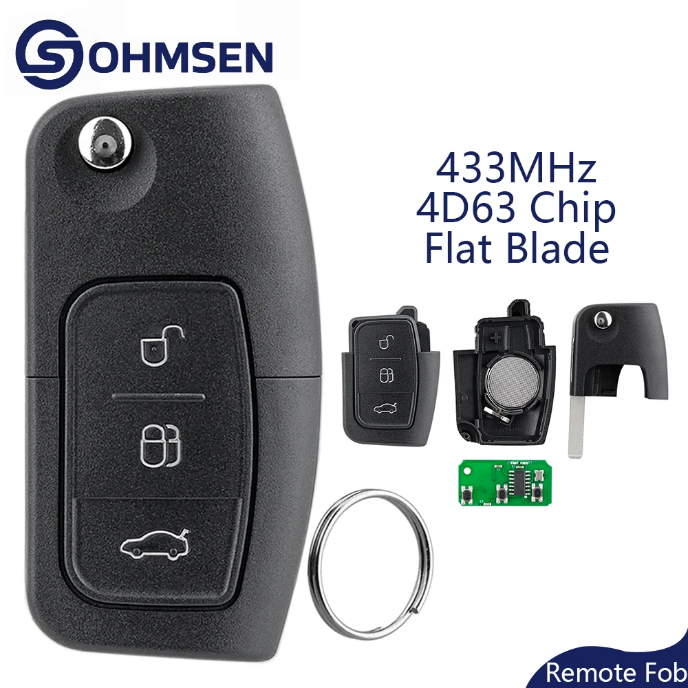 

OHMSEN 3 Button Remote Flip Key Fob 433MHz + 4D63 Chip For Ford Focus Mondeo Fiesta S Max Galaxy B-Max Ecosport