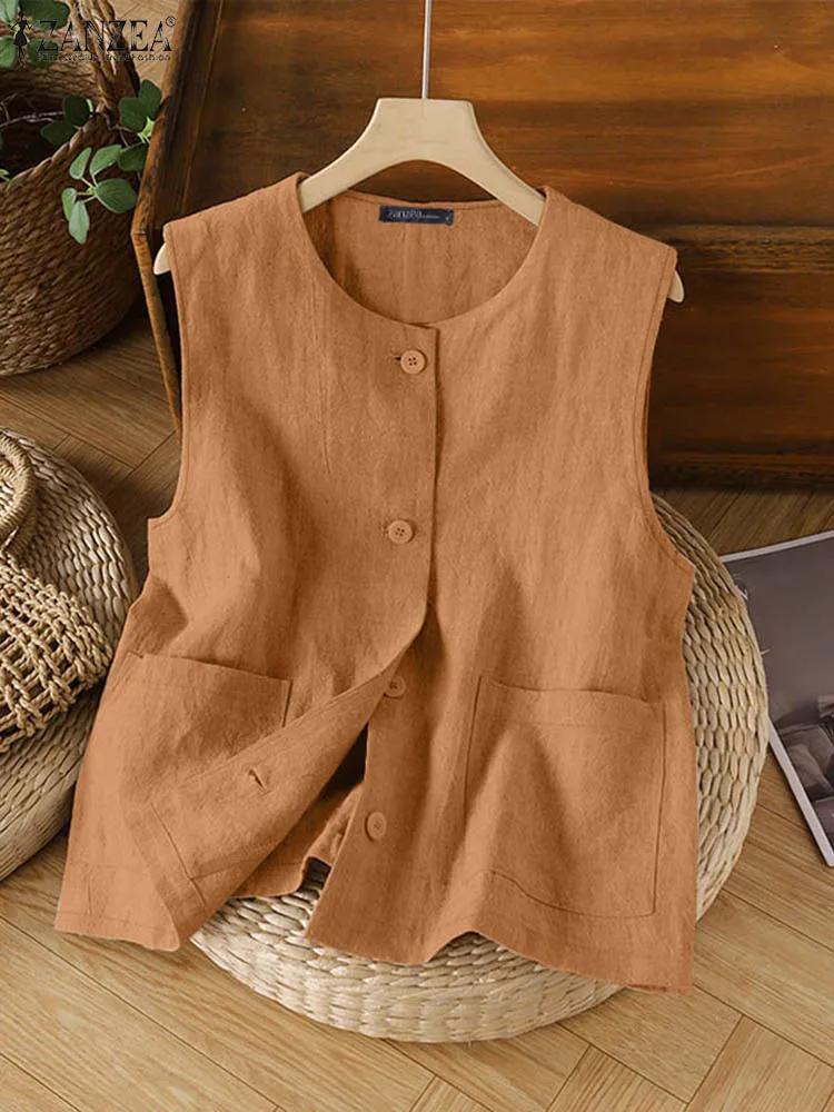 Women Sleeveless Vests Tops 2024 ZANZEA Summer Solid Cotton Blouse Female Elegant OL Work Shirt Casual Buttons Down Blusas Mujer