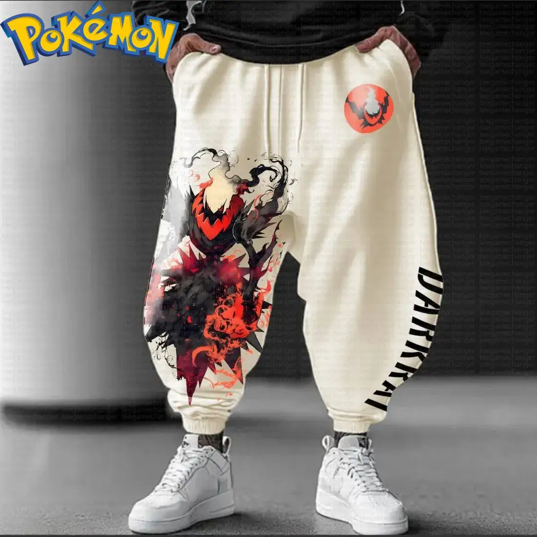 Beige Cotton Pokemon Hoodie Set with Darkrai Character Back Print Red Black Color and Sleeve Text Design Long Sleeve Outfit
