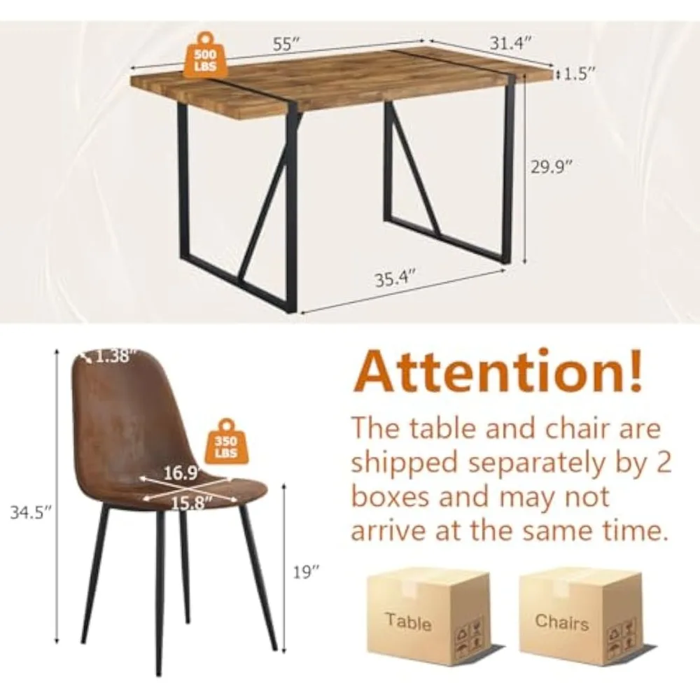 Four-Person Dining Table Set with 55" Table and Suede Fabric Chairs