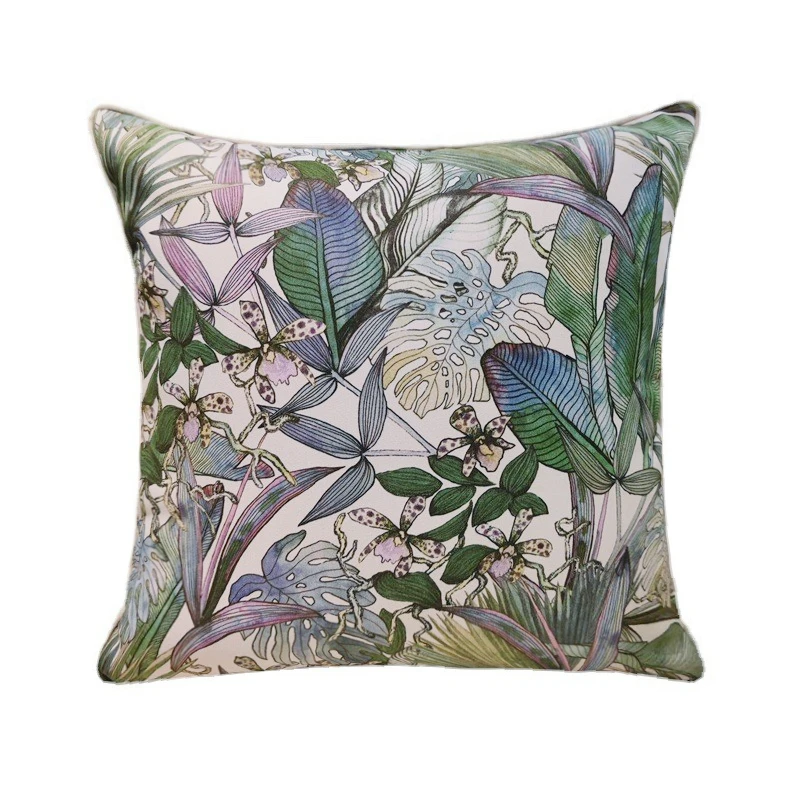 Contemporary Print Plant Rainforest Soft Chenille Grey Blue Cushion Sofa Chair Home Decorative Pillow Cover 18x18