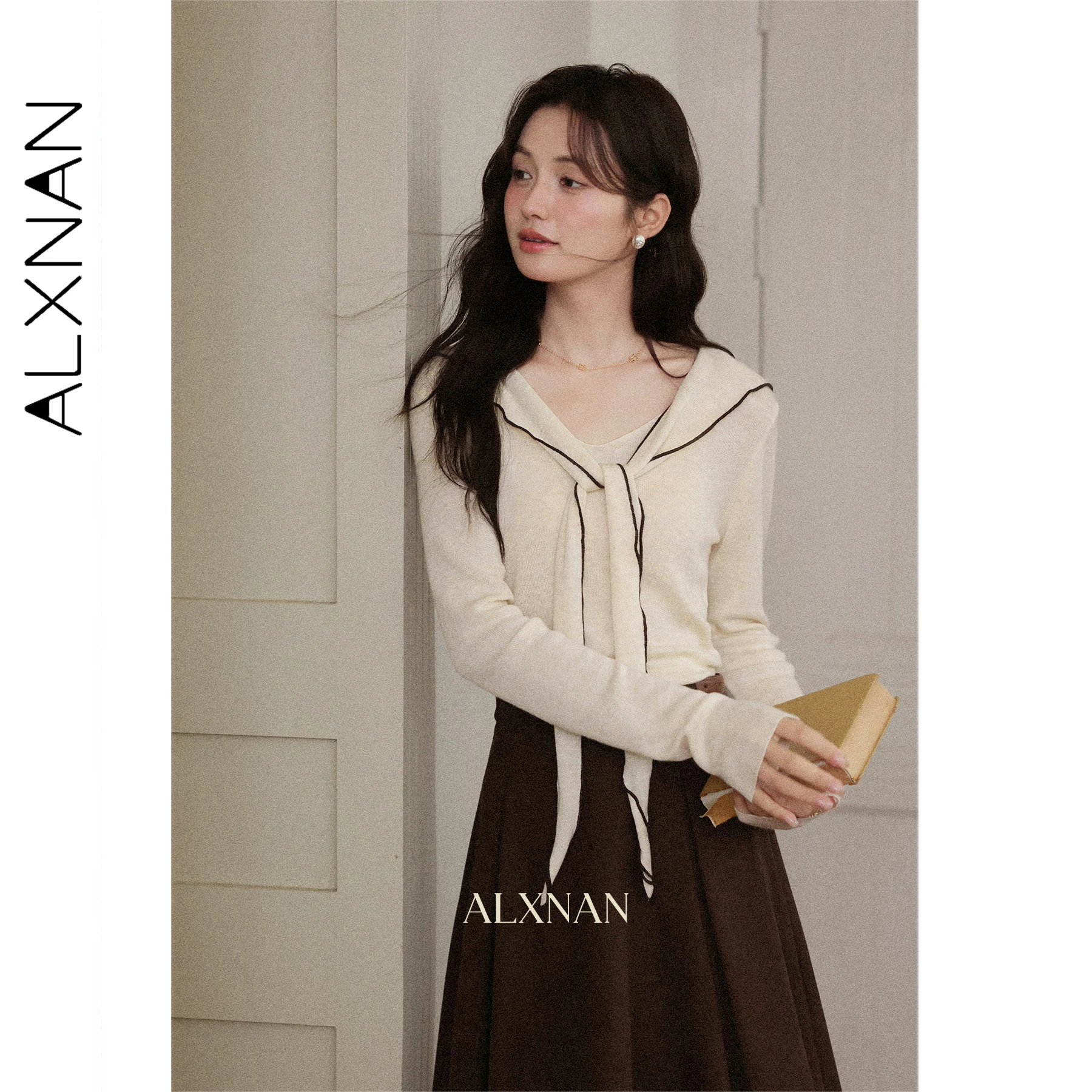 

ALXNAN Women's Long Sleeve Knit Top Elegant Bow-tie Detail Contrast V-Neck Commuter 2025 New Autumn Soft Feminine Blouse L57068
