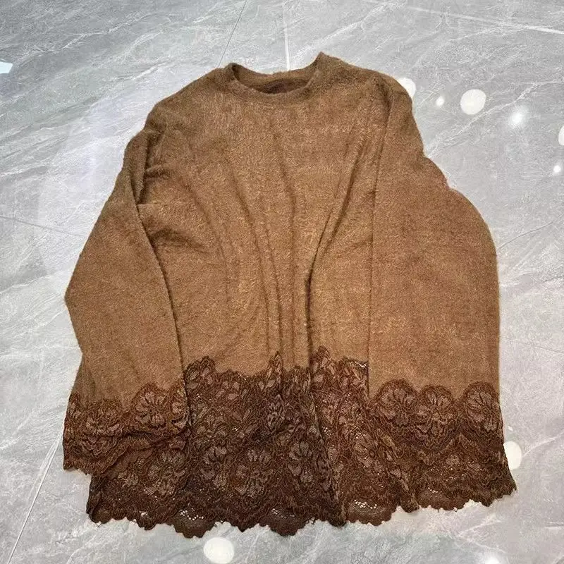 المرأة س الرقبة طويلة الأكمام أفخم بلوزة فضفاضة بلون تي شيرت 664P الكورية أنيقة الدانتيل المرقعة البلوز الخريف جديد عادية