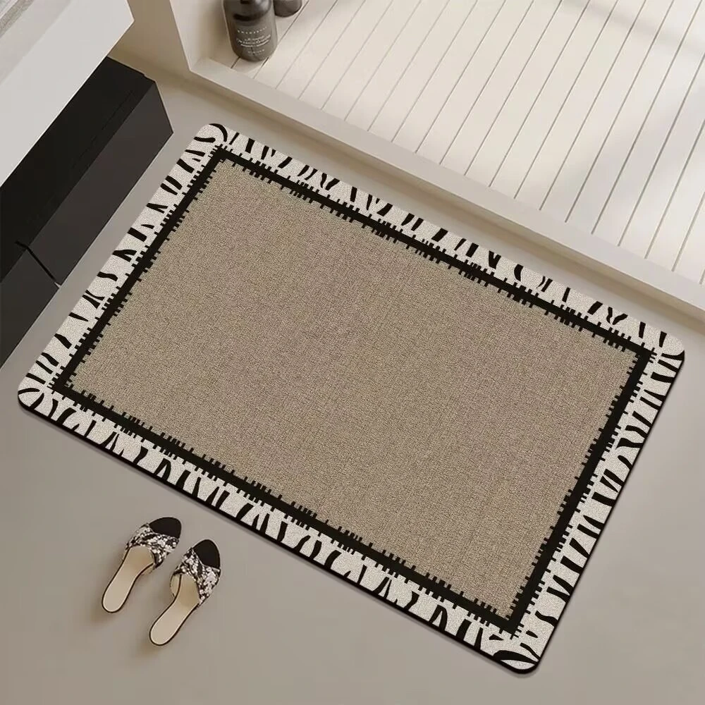 Zebra Stripe Beige Center Print Bath Mat Quick Dry Shower Rug Animal Stripe Border Plain Core For Front Door Absorbent Pad