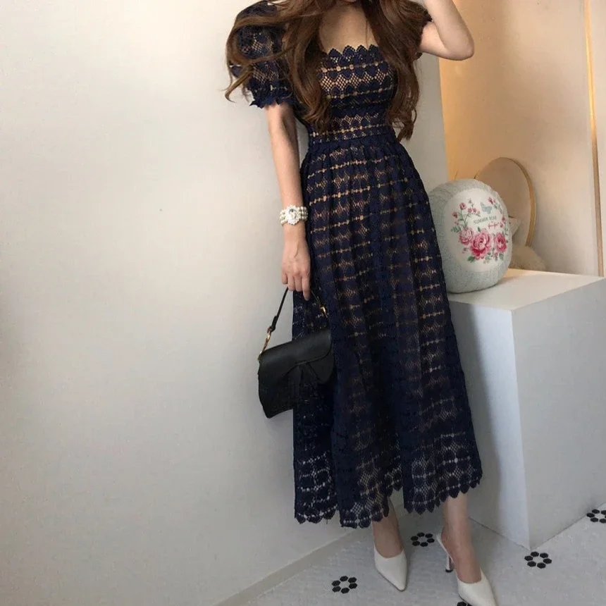 Neploe French Sexy Temperament Dress Femme 2024 Summer Vintage Elegant Puff Sleeve Long Solid Color Dress Chic Lace Vestidos