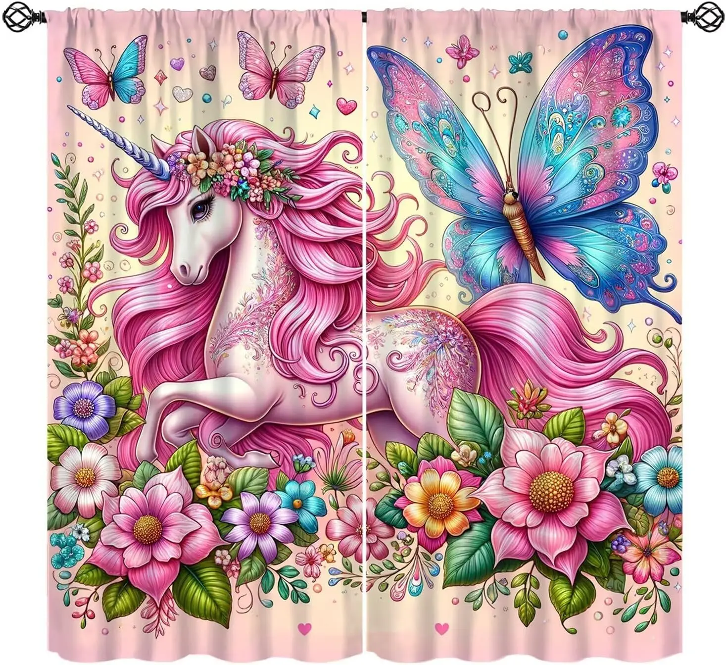 Fantasy Kids Unicorn Curtain Pink Horse Butterfly Flower Unicorn Blackout Window Treatment for Kids Boy Girl Bedroom Living Room