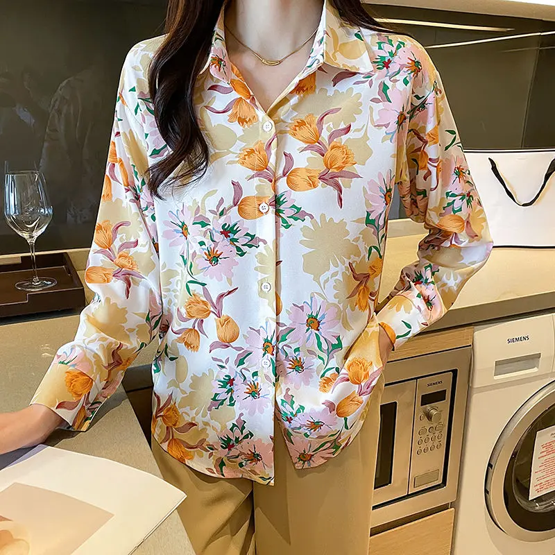 Spring Autumn New Fashion Turn-down Collar Long Sleeve Floral Blouse Women\'s Clothing Vintage Port Wind Simplicity Thin Shirts