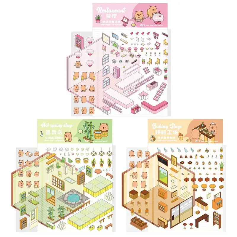 Cartoon Capybara 3D Landscape Sticker Children Miniature Cabin Scene Stacking Pasting Hand Account Cute Birthday Gift for Kids