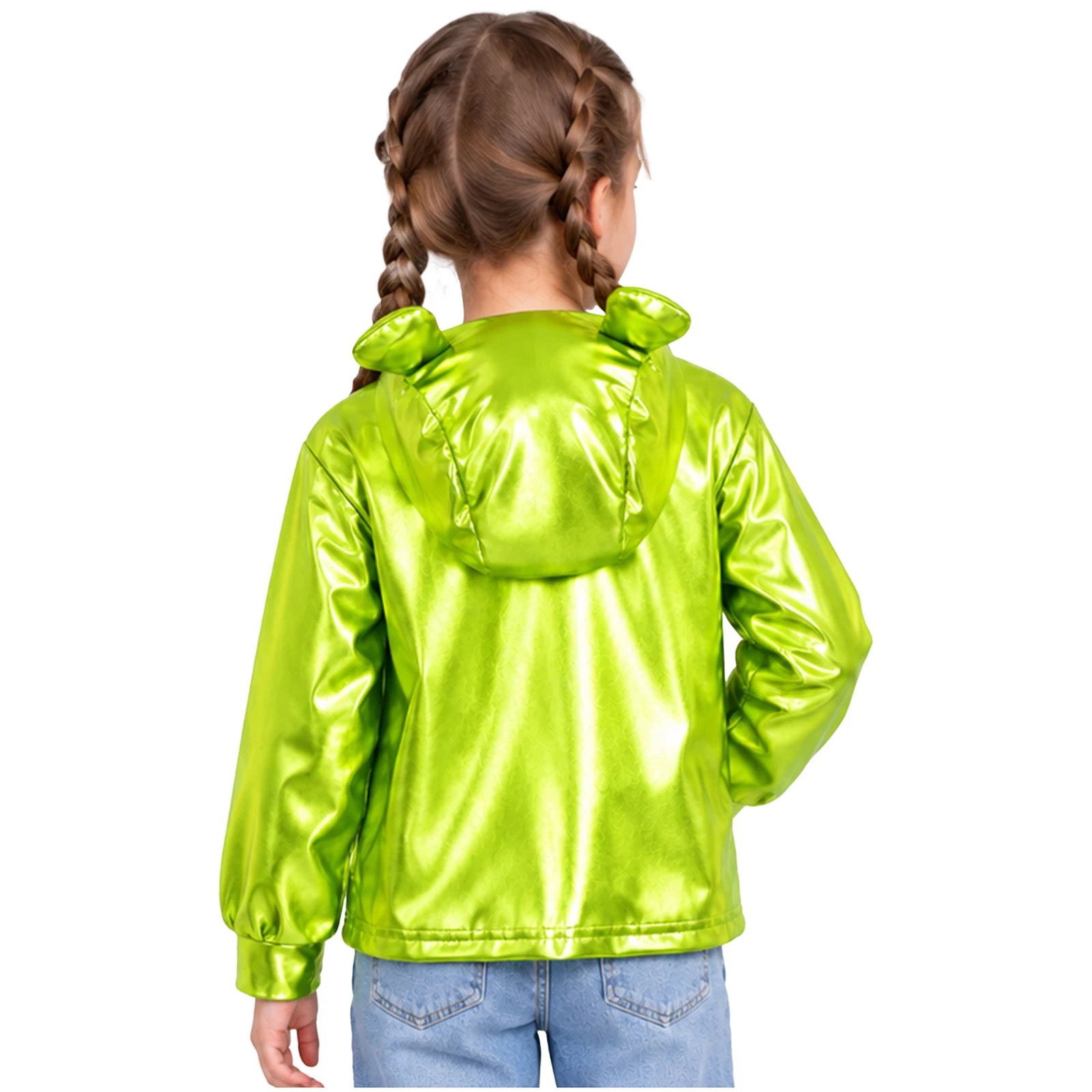 Kids Boys Girls Alien Metallic Jacket Long Sleeves Hooded Outerwear for Halloween Outer Space Fancy Dress Up Stage Performance