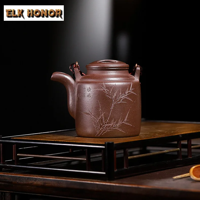 

450ml Authentic Yixing Purple Clay Teapots Handmade Cask High-handled Pot Raw Ore Purple Mud Kettle Chinese Zisha Tea Set Gifts