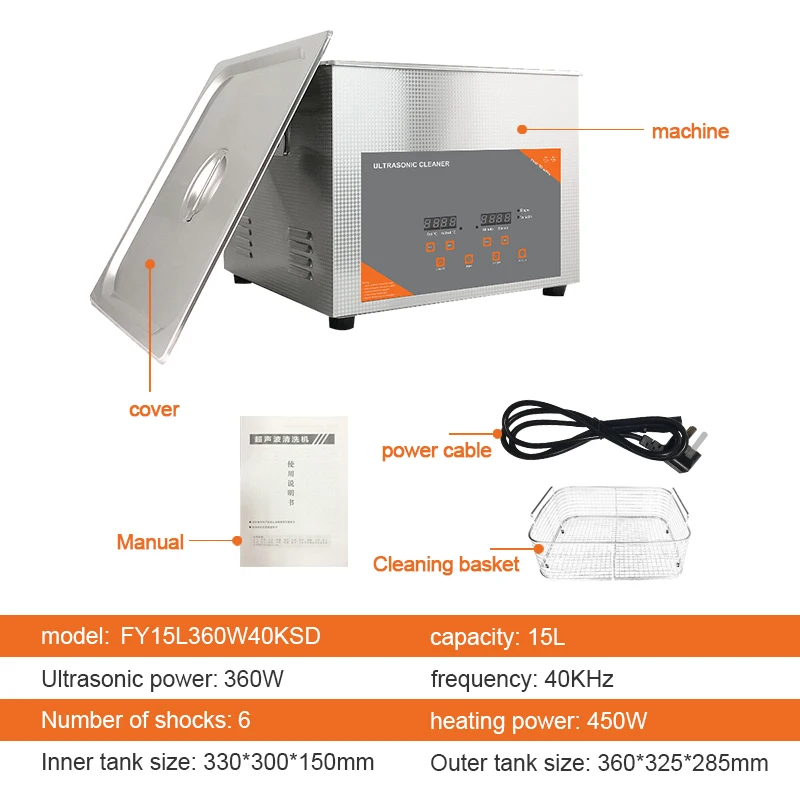Limpador ultrassônico industrial, 360/540w, 15l, placa pcb, peças de motor, molde dpf, óleo, ferrugem, remoção, máquina de limpeza por ultrassom, 110/220v