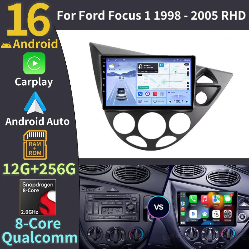 Radio para Auto Android 16 para Ford Fiesta 1995-2001 Focus MK1 1998-2004 QLED DVD GPS Autoradio Inalámbrico Carplay Auto Estéreo 5G WIFI