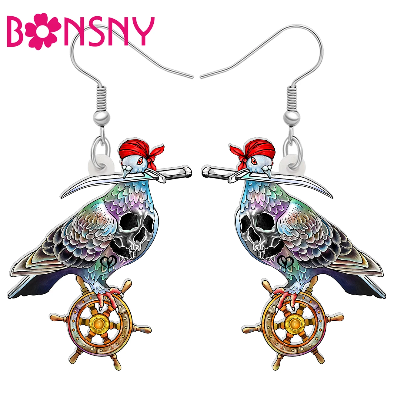 Bonsny Acrylic Halloween Novelty Wooden Rudder Sailor Pigeon Earrings Dangle Drop For Women Girls Kids Teens Gifts Decorations