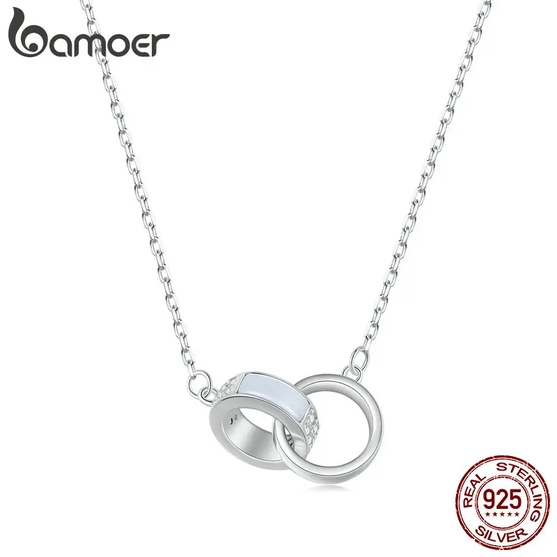 Bamoer 925 Sterling Silver Double Circle Interlock Pendant Necklace Double Ring Collarbone Neck Chain for Women Jewelry BSN295