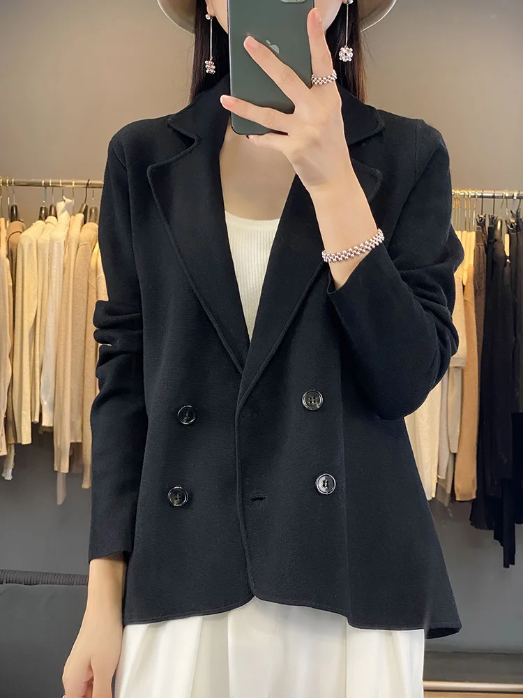 Women Fashion Double Breasted Loose Fitting Blazer Coat Spring Autumn Vintage Long Sleeve Pockets Female Outerwear Chic Top