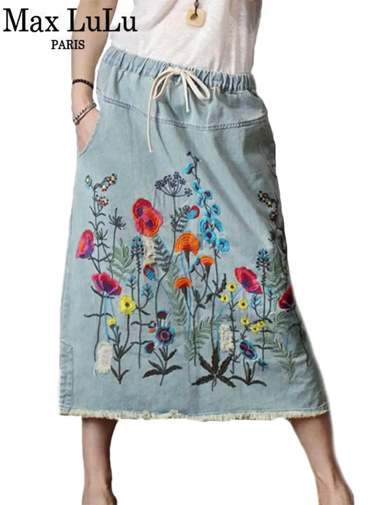 Max LuLu 2024 Autumn Womens Luxury Vintage Loose Embroidery Denim Skirts Ladies Casual Floral Streetwear Females Elegant Clothes