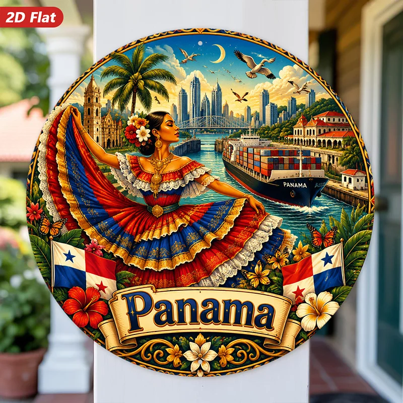 2D Flat, [2D Flat] 2D Flat Print 1pc Round Metal Iron Sign, Panama Canal Art Wall Art, Panama Lettering, Folklore Dancer, Home R