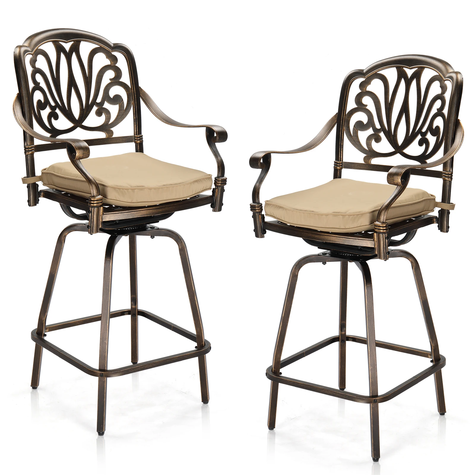 

2pcs Cast Aluminum Patio Bar Height Chairs, All-Weather Bar Dining Chairs Outdoor Swivel Chairs Furniture (Elizabethan Back)