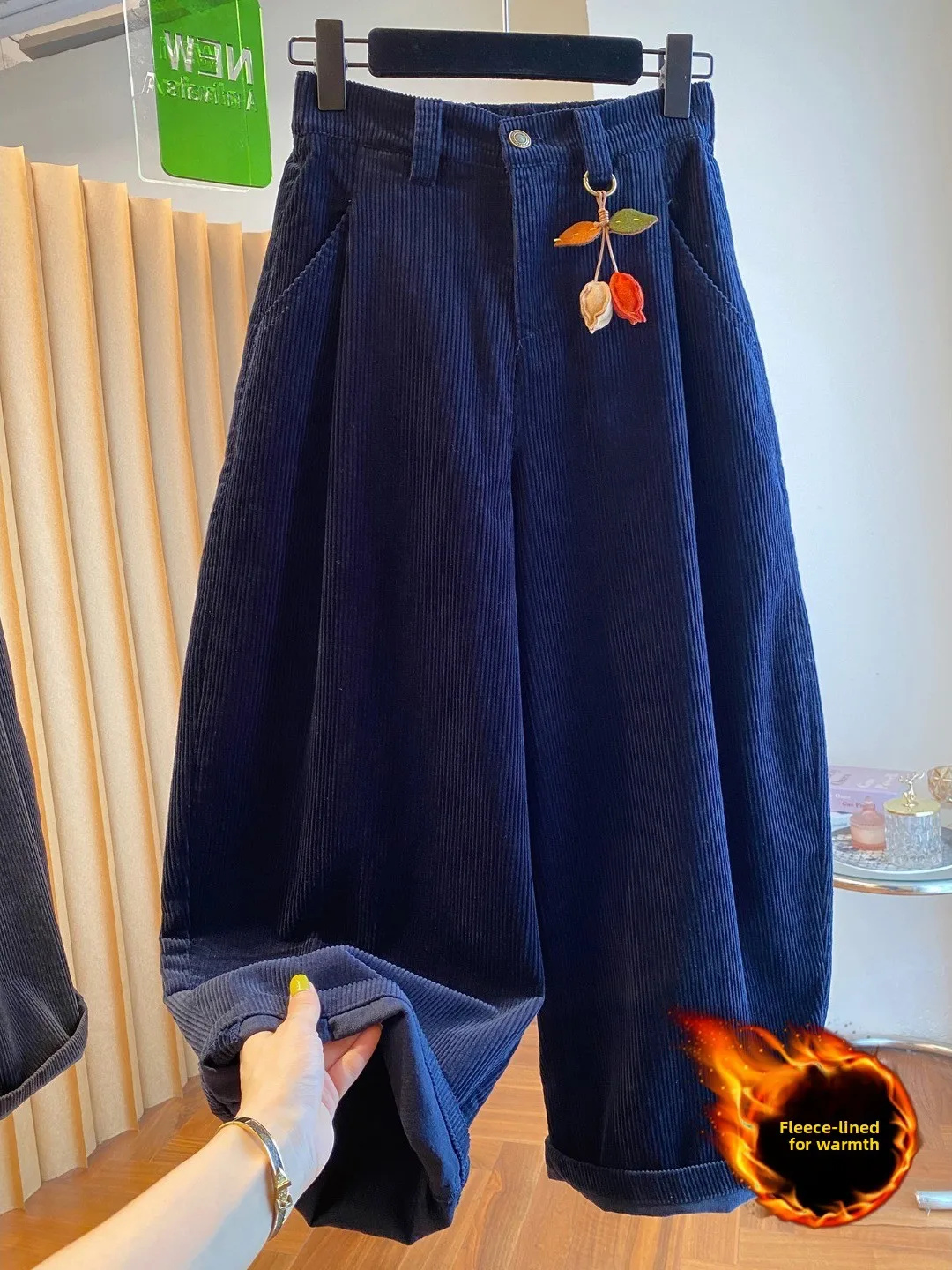 Retro Fce gefütterte Thi Cord Freizeithose Große Größe Damen Winter Lose Weites Bein Harlan andma Hose