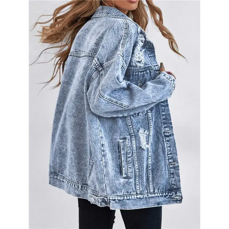 ABJO-Giacca di jeans lunga oversize da donna Cappotto da giubbotto di jeans effetto consumato strappato da fidanzato