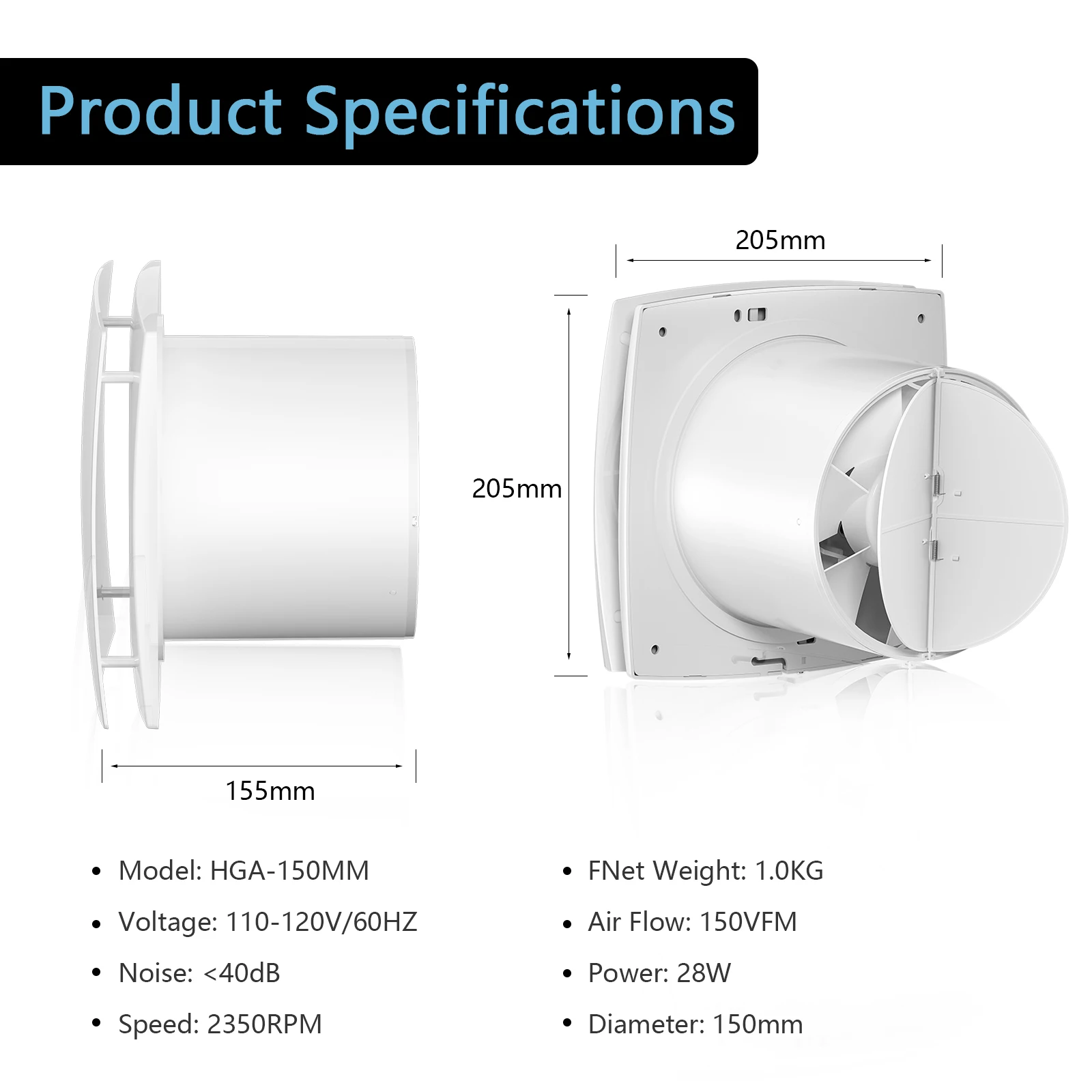 Hon&Guan 150mm Home Silent Exhaust Fan for Bathroom Toilet Extractor Wall Ceiling Window Kitchen Outlet Air Ventilator