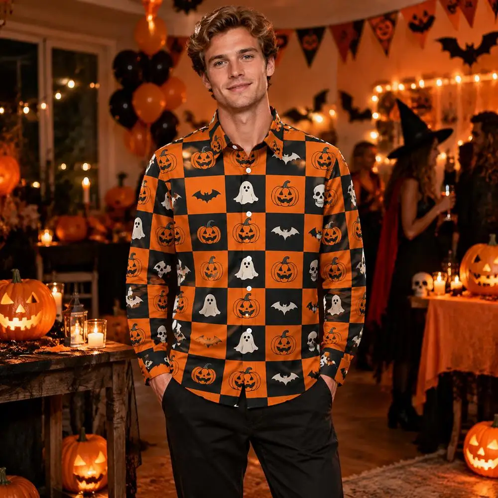 Halloween 2026 Party Long Sleeved Shirt 100% Cotton Casual Tops with Pumpkin Ghost and Bat Print Pumpkin Patch Holiday Gifts