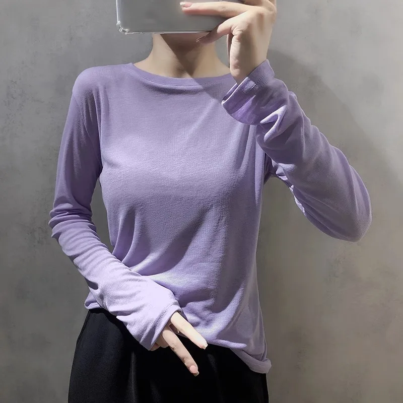 

Mask Long Sleeve T-Shirt Women's Spring Solid Color Innerwear Slimming Round Neck Autumn Winter Cover-up Sun Protection TopYY180