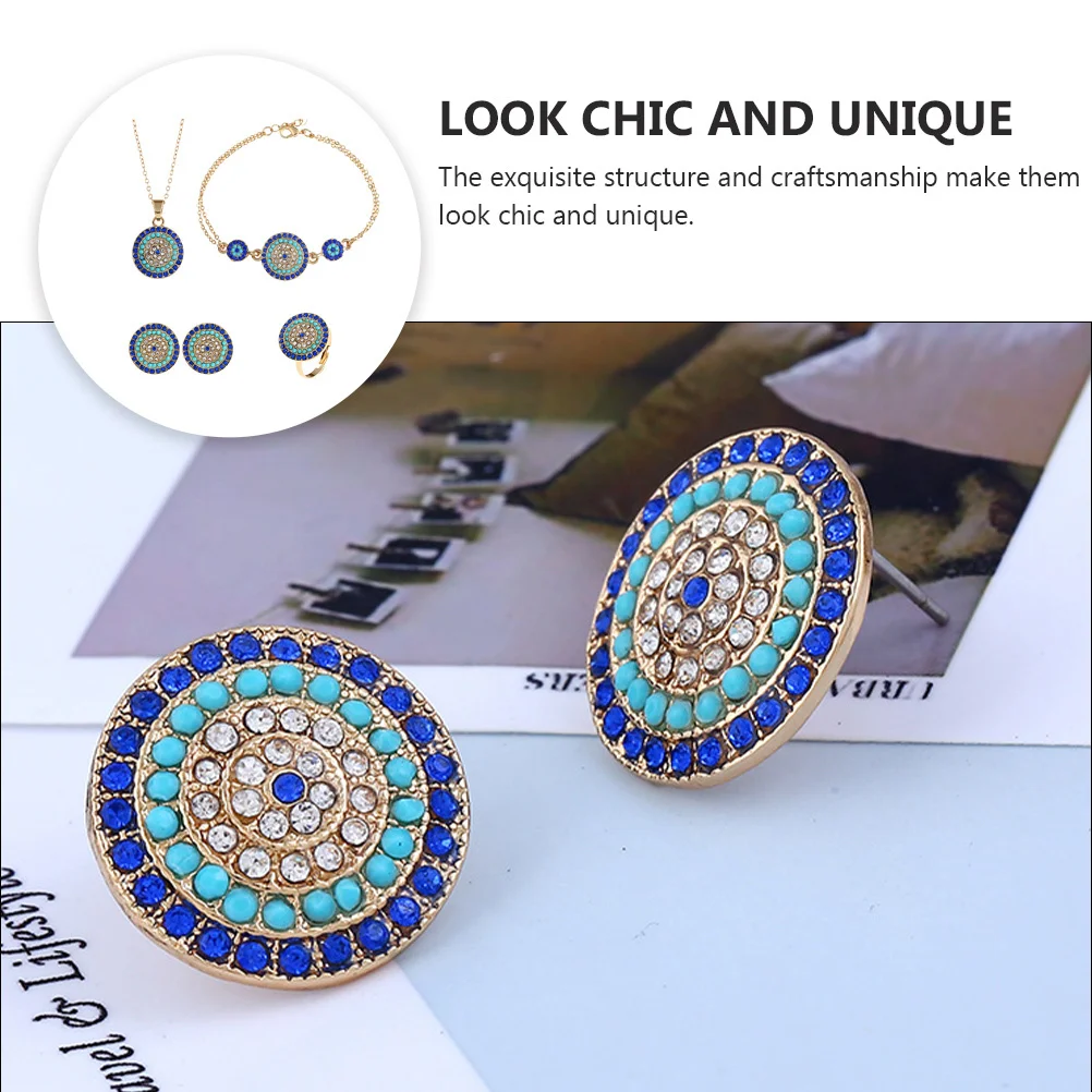 

1Set Turkish Blue Eye Jewelry Set Elegant Ring Necklace Bracelet Kit for Women Exquisite Hand Chain Alloy Jewelry Supply