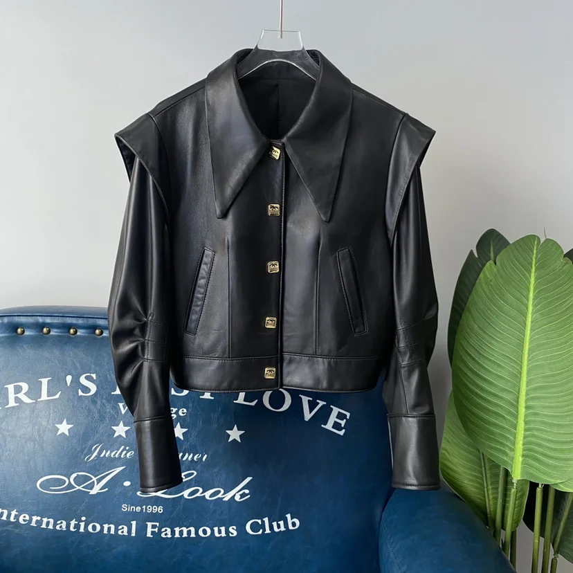 2025 novo casaco feminino faionable ort couro jaet legal sle eepskin couro real cintura-empitação tamanho ature