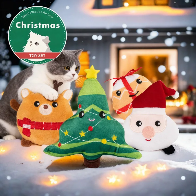 

4pcs Christmas Plush Cat Toy Set with Catnip Durable Relieving Boredom Clean Teeth Cat Chew Toy Interactive Holiday Pet Supplies