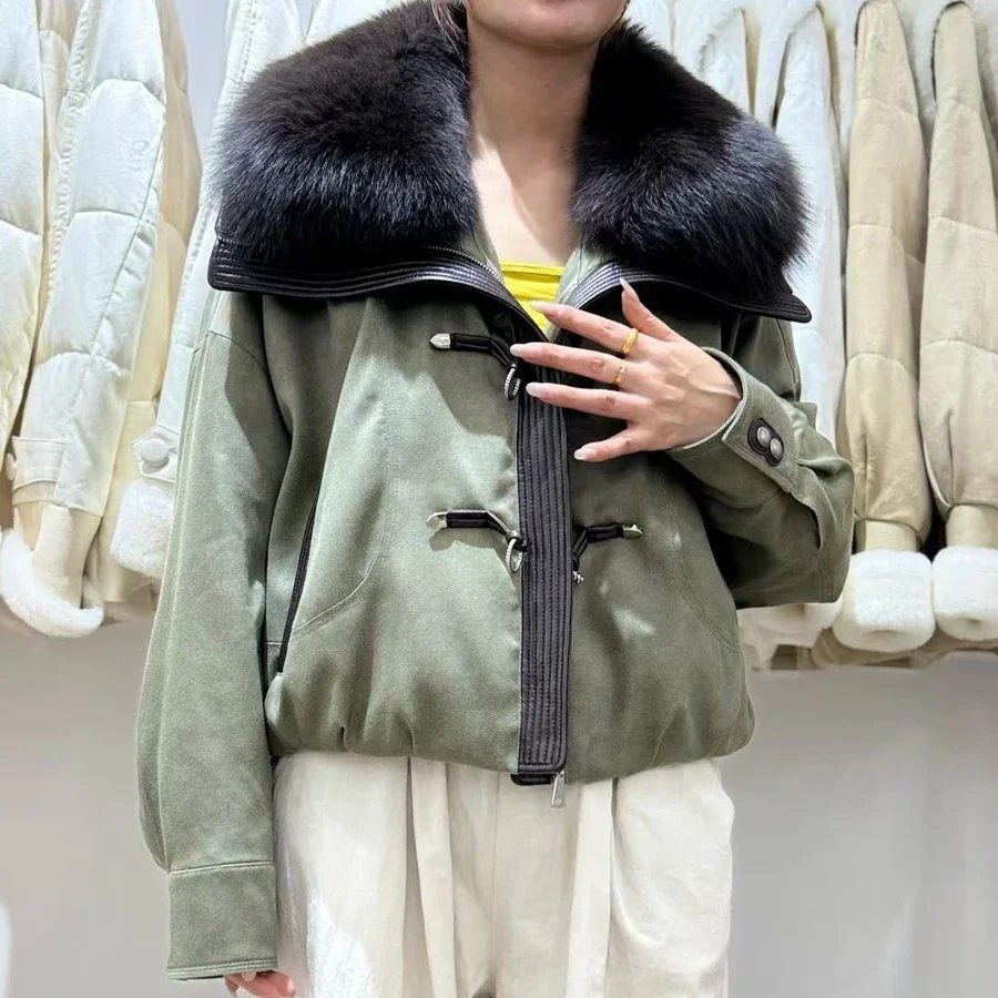 

Real Fur Down Jacket Woman Winter Warm Down Coats With Fox Fur Collar Luxury Short Loose Puffer Parka